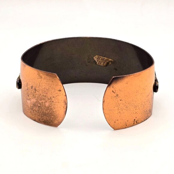 VTG Brutalist Wide Copper Cuff Bracelet 6.5" Gold-Tone Diamond & Loop Design 70s - Picture 3 of 8